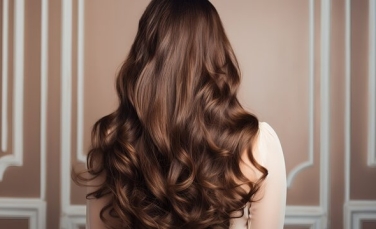 vrouw met gezond glanzend haar gebruikt natuurlijke haarverzorging